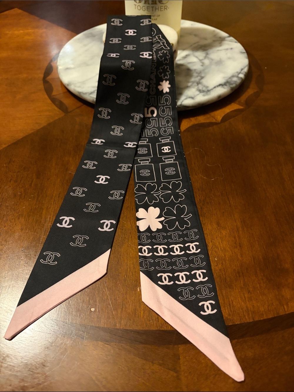CHANEL Black & Pink Silk Twilly Scarf with CC Motif